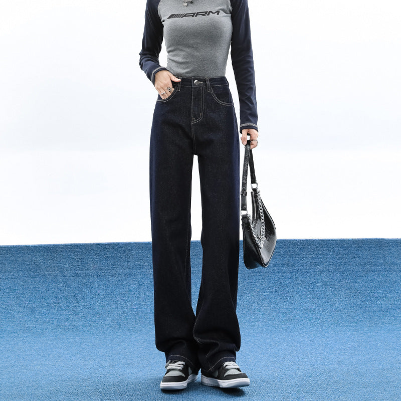 Dark Blue Straight Denim Jeans High Waist