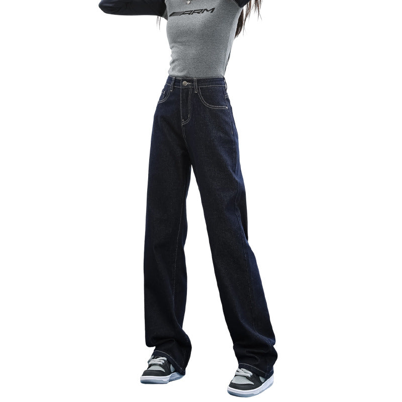 Dark Blue Straight Denim Jeans High Waist