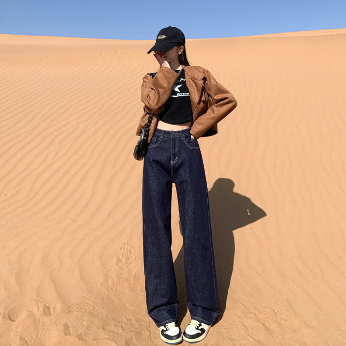 Dark Blue Straight Denim Jeans High Waist