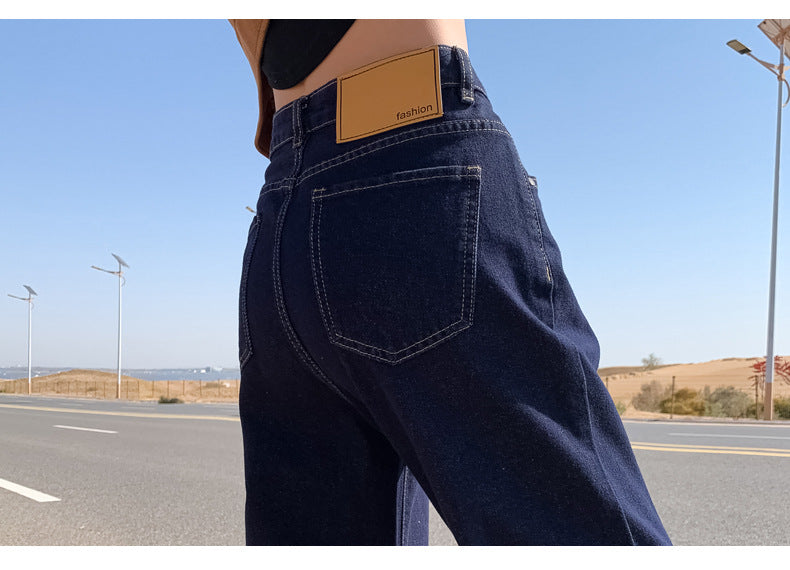 Dark Blue Straight Denim Jeans High Waist